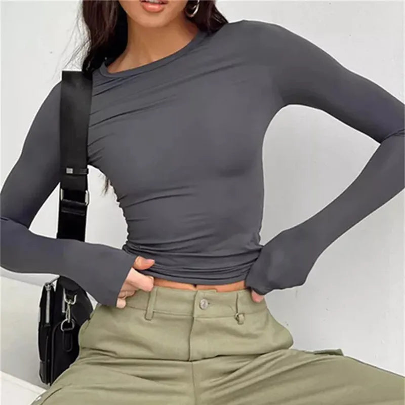 Women Long Sleeve T Shirt Spring Autumn Solid Slim Fit Casual Shirts