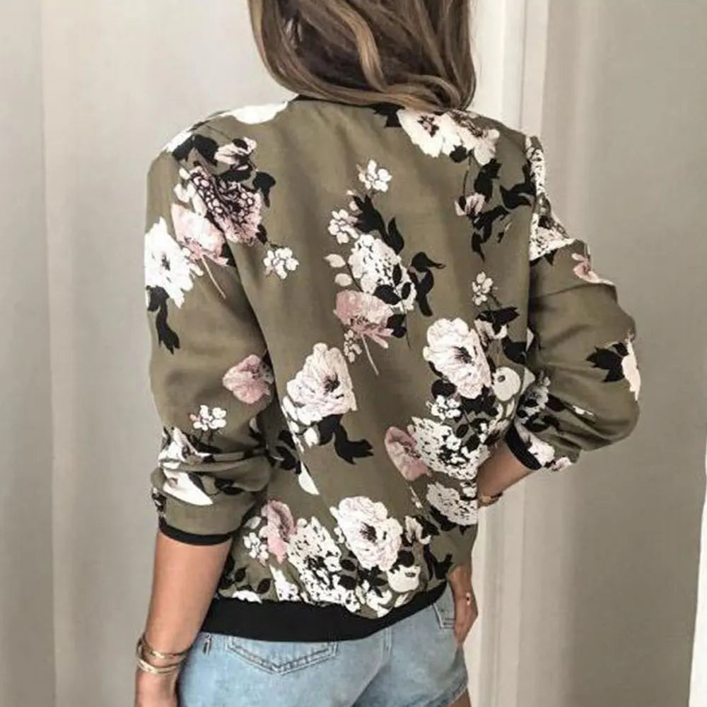 Women Elegant Zipper Bomber Jacket Spring Autumn Floral Printed Jacket