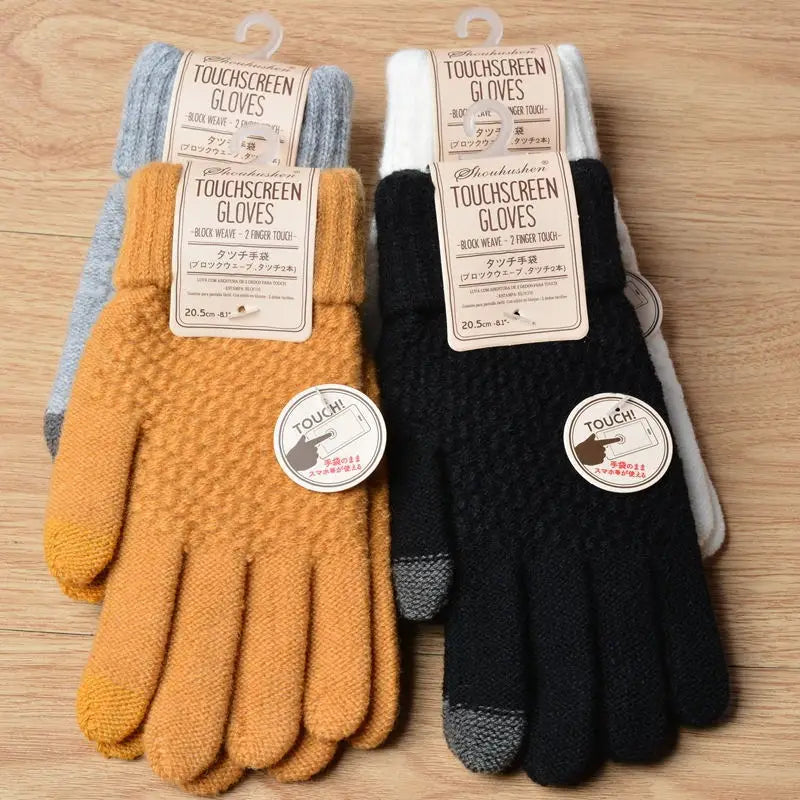 Women's Wool Knitted Gloves Autumn Winter Thick Warm Gloves Plush Inside Solid