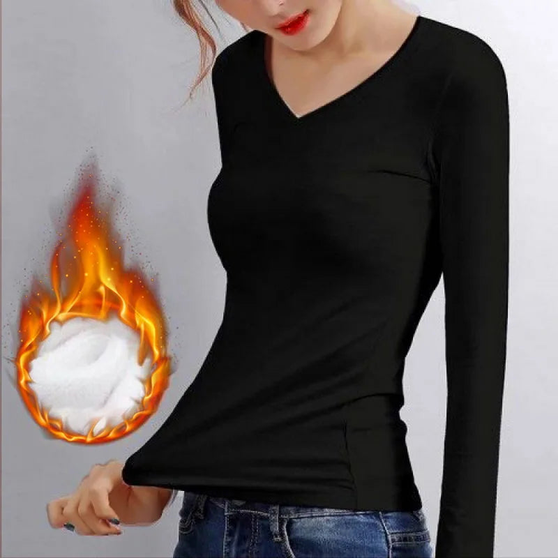 Women Autumn Winter Bottoming Shirt Constant Temperature Plus Velvet Long-sleeved T-shirt Thin