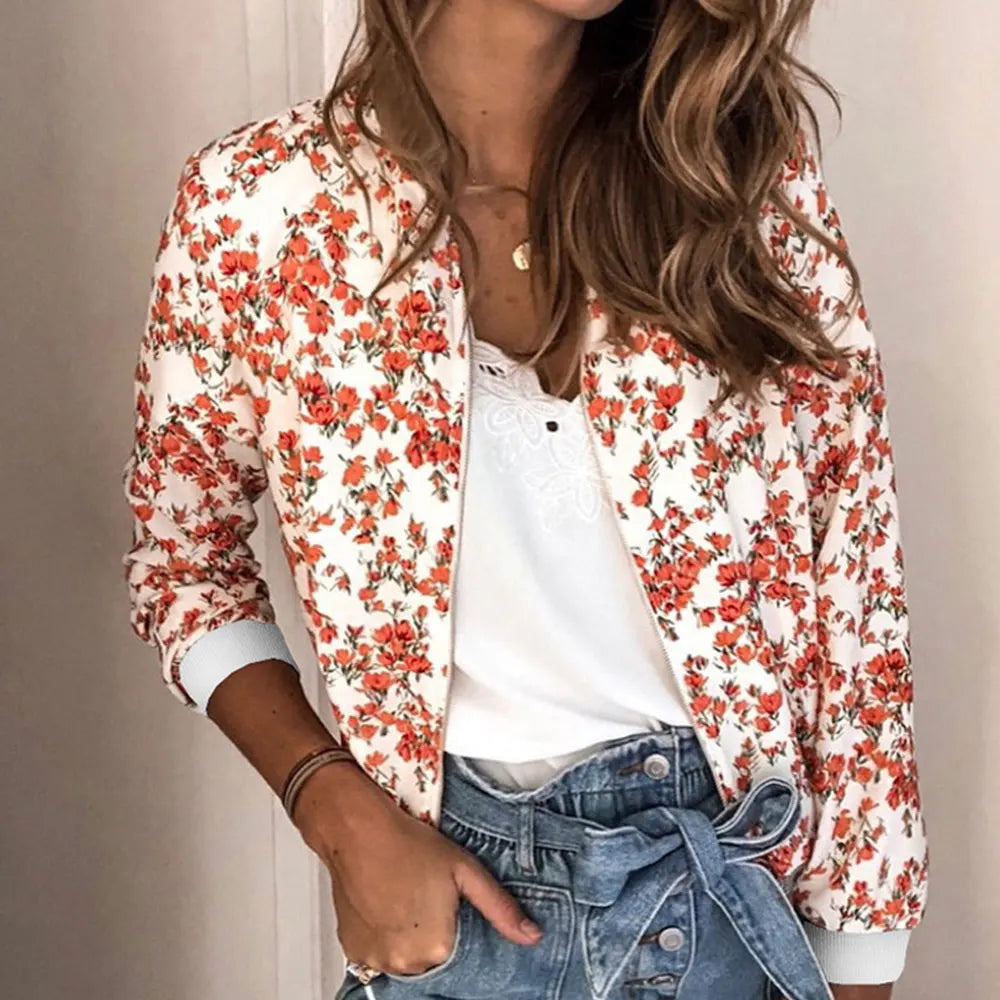 Women Elegant Zipper Bomber Jacket Spring Autumn Floral Printed Jacket