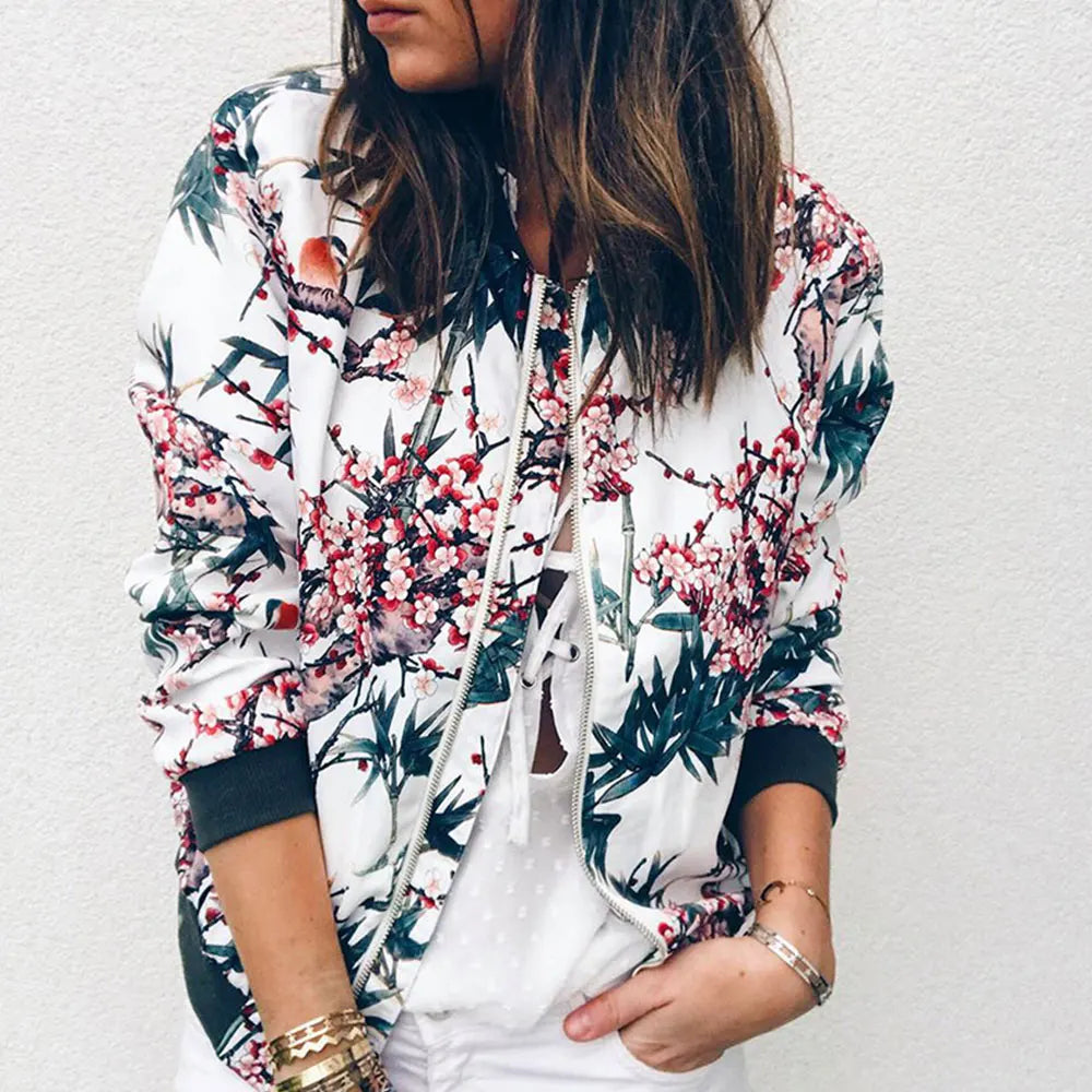 Women Elegant Zipper Bomber Jacket Spring Autumn Floral Printed Jacket