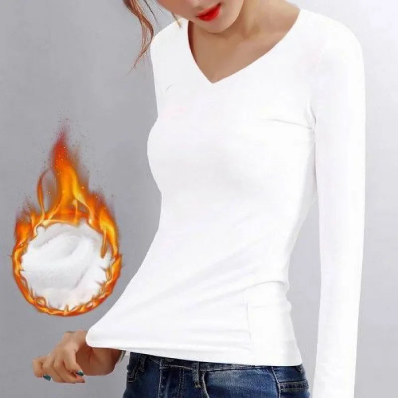 Women Autumn Winter Bottoming Shirt Constant Temperature Plus Velvet Long-sleeved T-shirt Thin