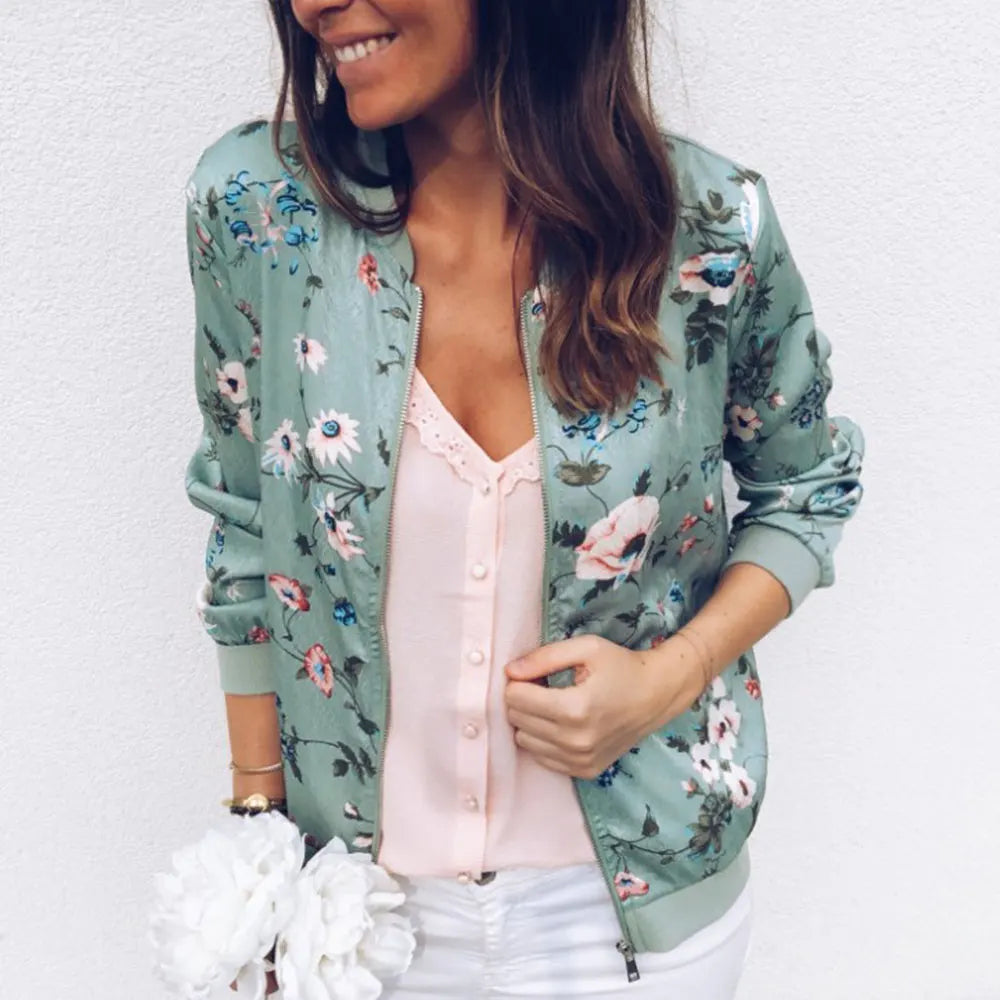 Women Elegant Zipper Bomber Jacket Spring Autumn Floral Printed Jacket