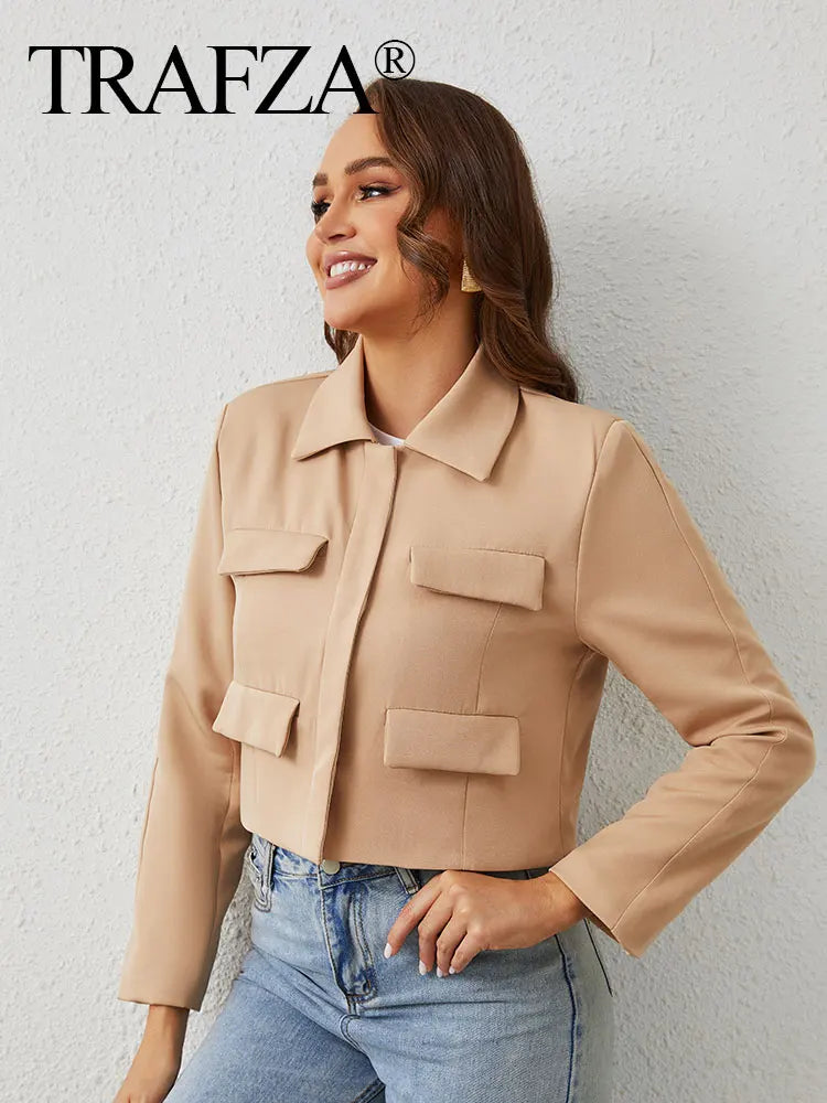 Women Slim Cropped Coat Elegant Solid Long Sleeve Jacket Front Flap Pocket Outerwear Fashion Streetwear