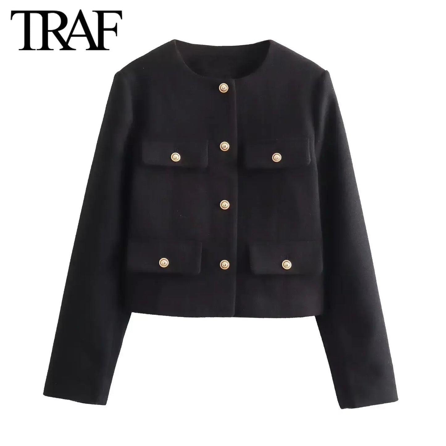 Women Fashion Autumn Winter Single-breasted Textured Round Neck Flip Pocket Short Jacket