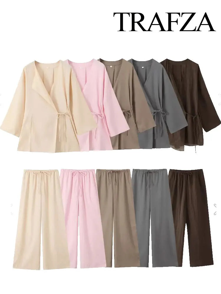 Women's Summer Fashion Linen Solid Colour Shirt Set Belted Cardigan Top + High Waist Women's Pleated Pants 2-piece