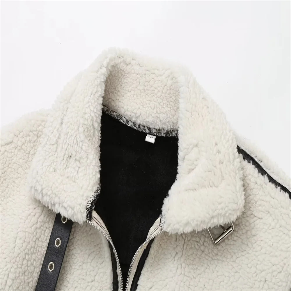 Autumn New Women's Wear European and American Style Casual Fur One Piece Lamb Wool Contrast Colour Plush Warm Jacket