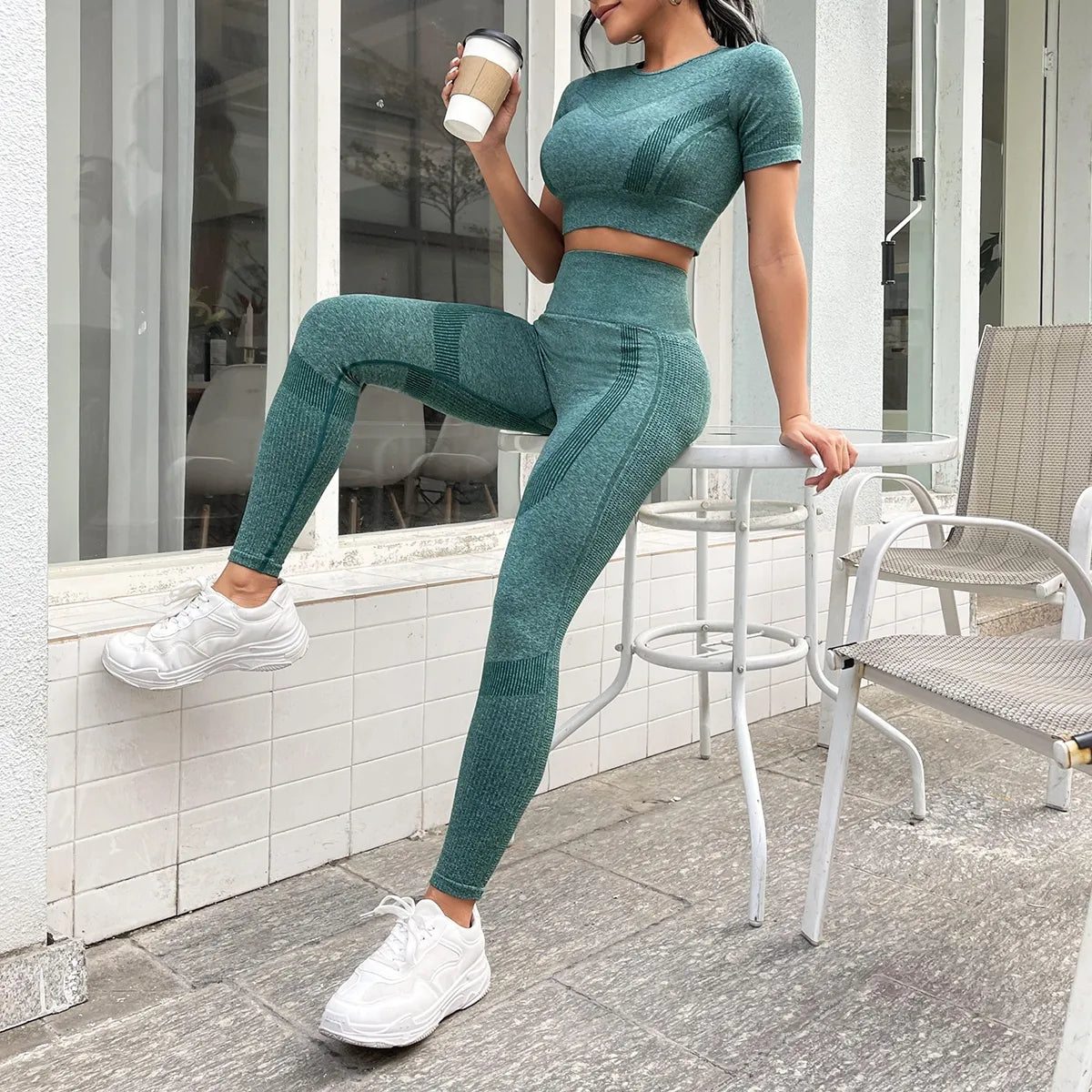 2-piece Set, Short-sleeved Top And High-waisted Tummy Control Long Pants Sportswear, Suitable For Outdoor Sport, Women's Sportswear