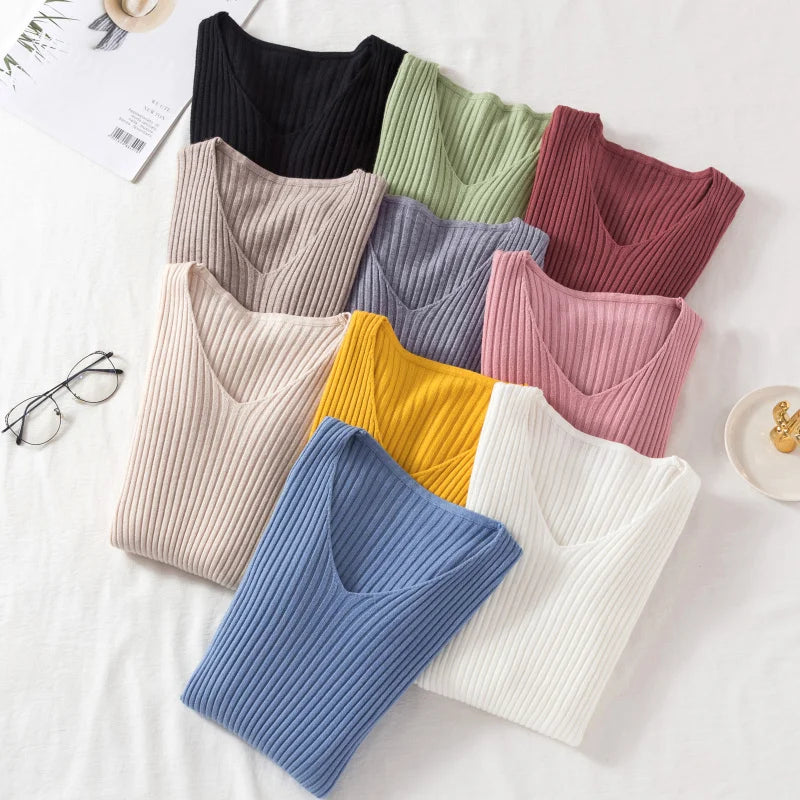 Autumn Winter Women Sweaters Casual Long Sleeve Knitted V Neck Pullover Sweater