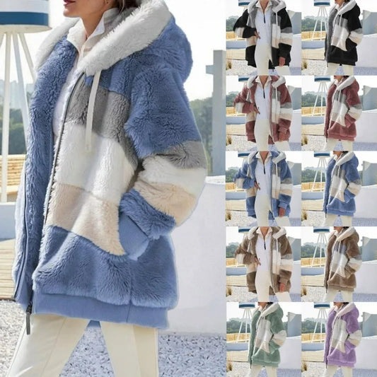 Autumn Winter Warm Plush Pocket Hooded Streetwear Loose Lady Outerwear Coat