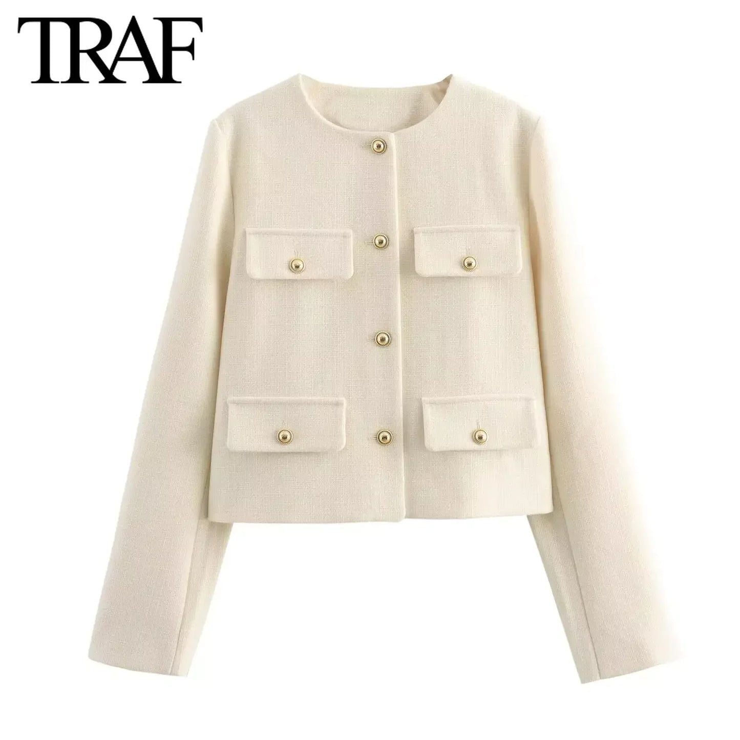 Women Fashion Autumn Winter Single-breasted Textured Round Neck Flip Pocket Short Jacket