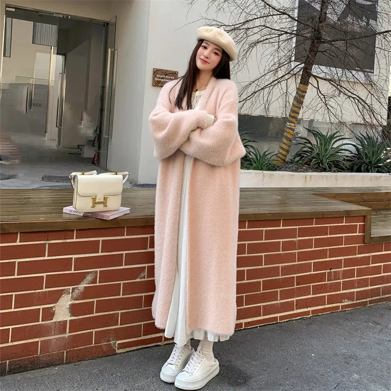 Loose Knee Length Thickened Pure Imitation Mink Fleece Knitted Sweater