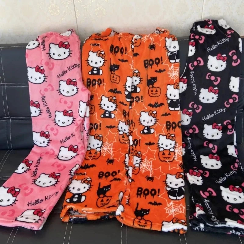 Kitty Pyjamas Halloween Flannel Fashion Trousers women Kawaii Woollen Anime