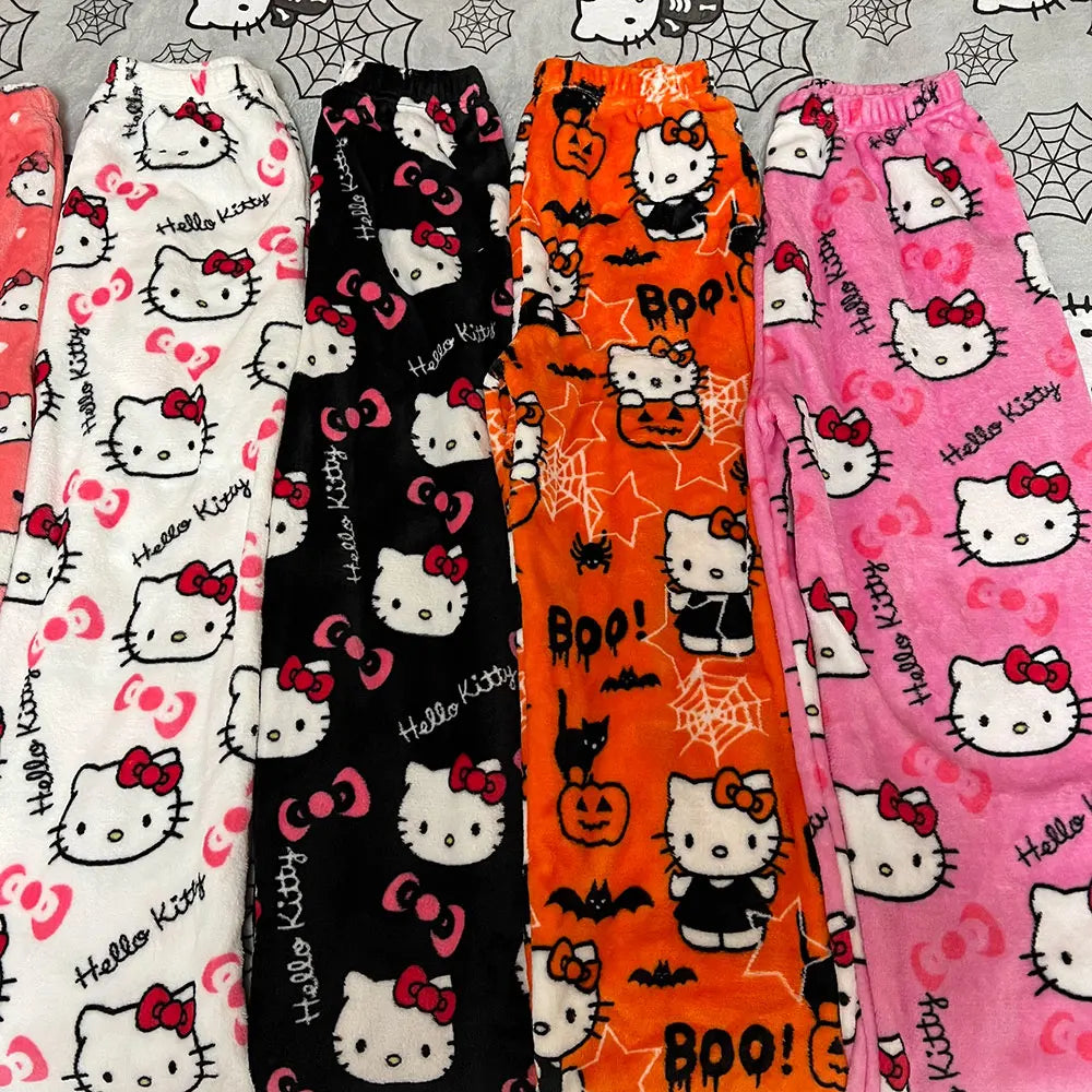 Kitty Flannel Pyjamas Black Women's Warm Woollen Cartoon Casual Home Pants In Autumn Winter Fashion Trousers