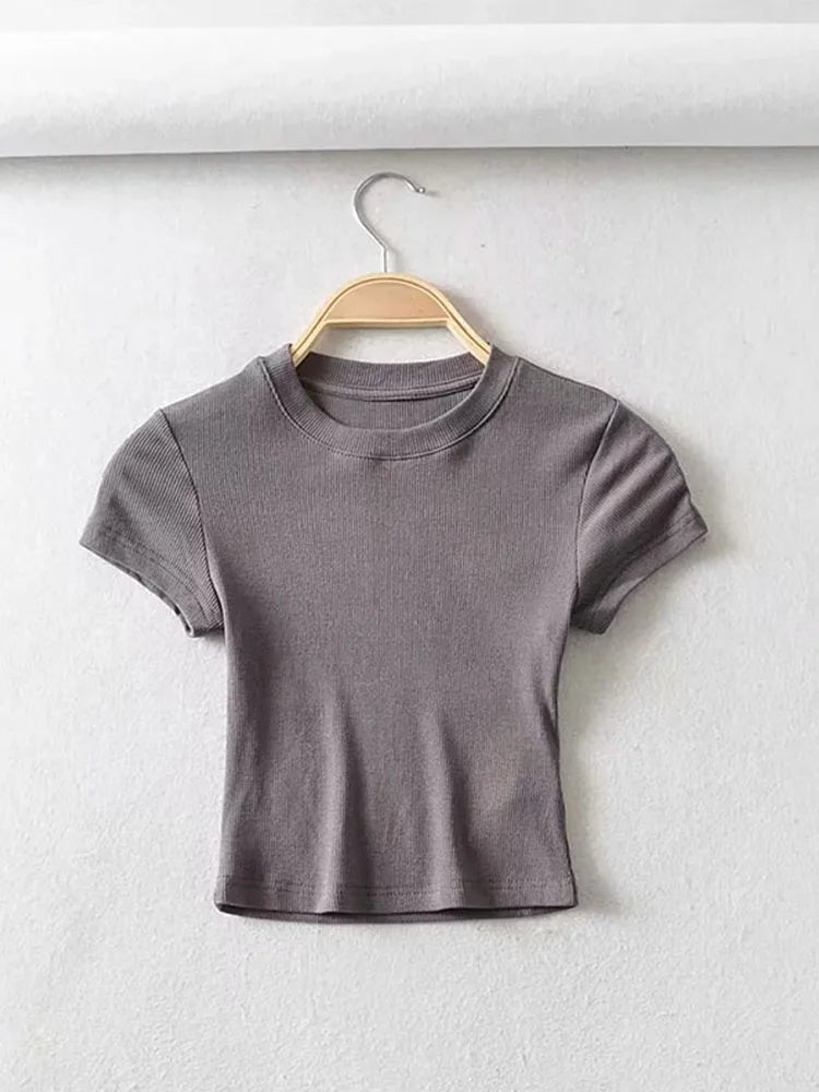 Summer Women O-neck Short-sleeve T-shirt Slim Elastic Skinny Crop Tops