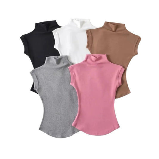 Women's Sleeveless Turtleneck Tops Summer Stretch Slim Fit Short Sleeve