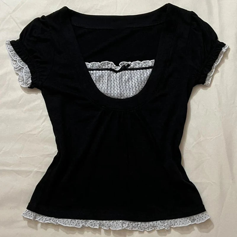 Korean Women T-shirt Vintage Top Square Collar Short Sleeve Crop Top