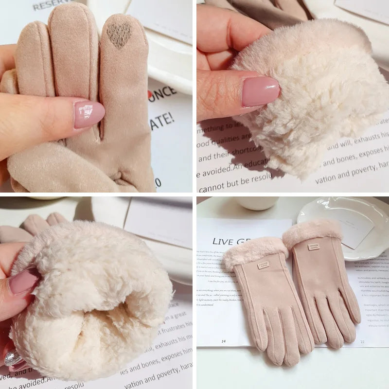 Women Winter Thick Plush Gloves Fashion Warm Suede Outdoor