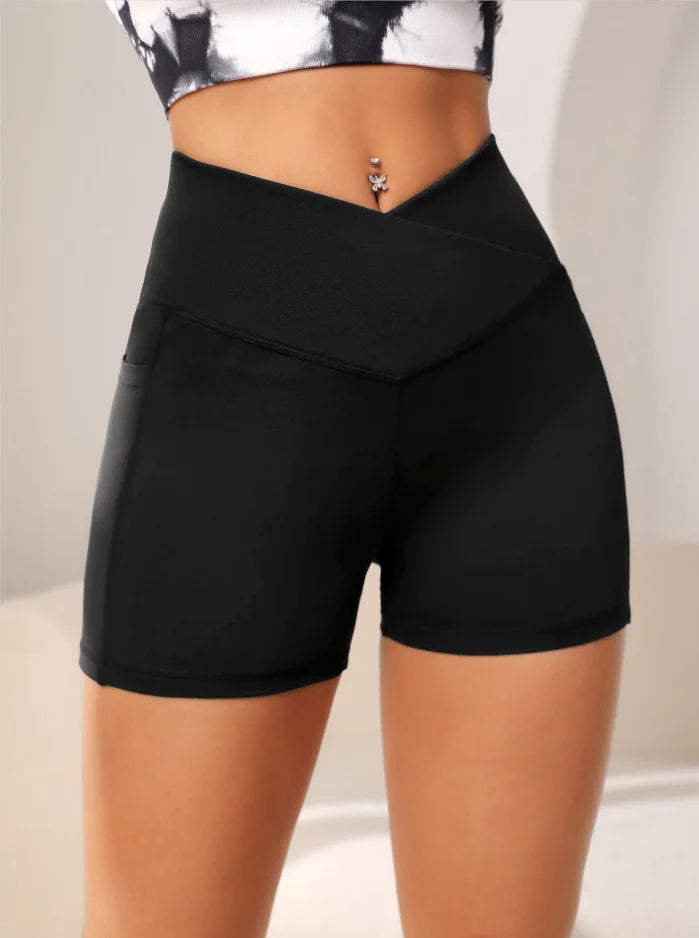 Women High Waist Yoga Sport Biker Shorts for Fitness Cross Waist Pocket Yoga Pant