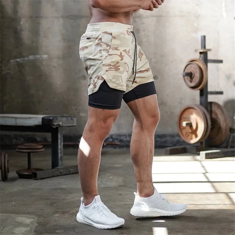 2023 Camo Running Shorts Men 2 In 1 Double-deck Quick Dry GYM Sport Shorts