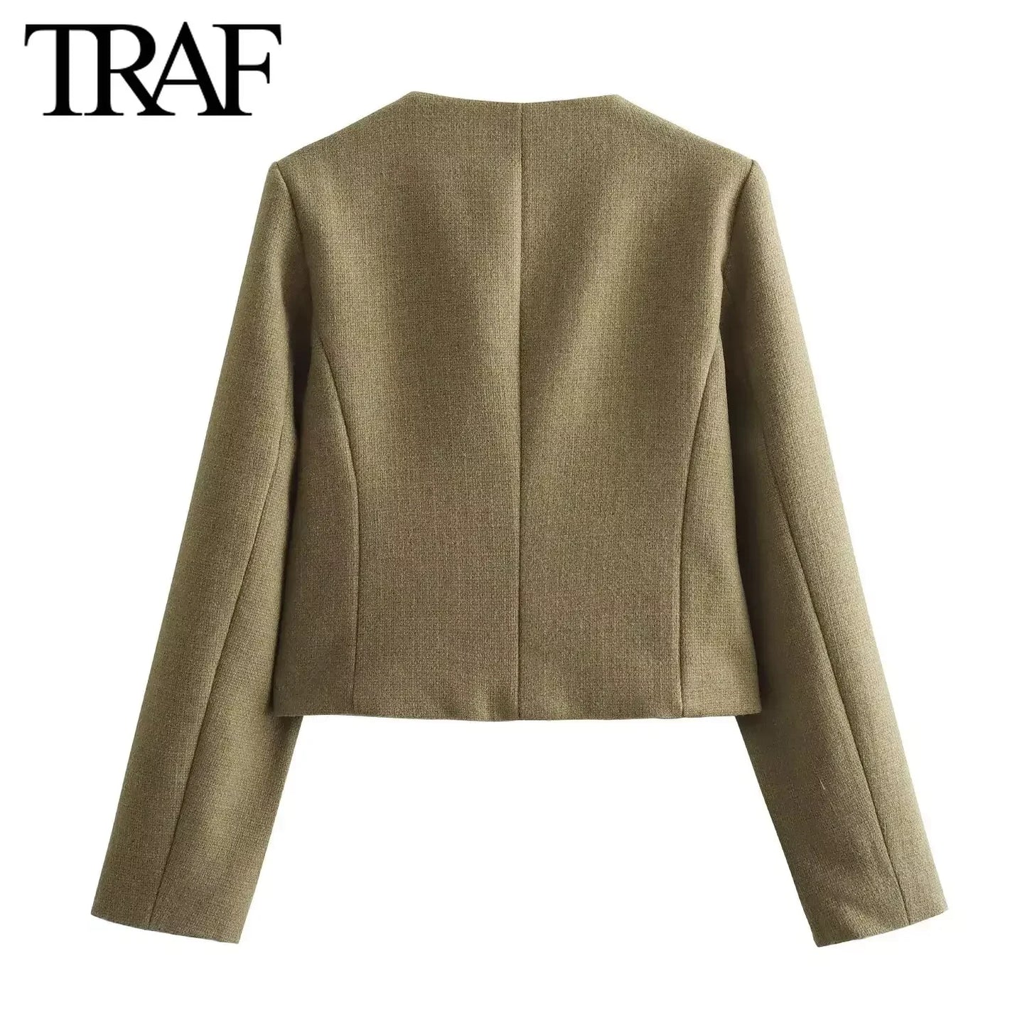 Women Fashion Autumn Winter Single-breasted Textured Round Neck Flip Pocket Short Jacket