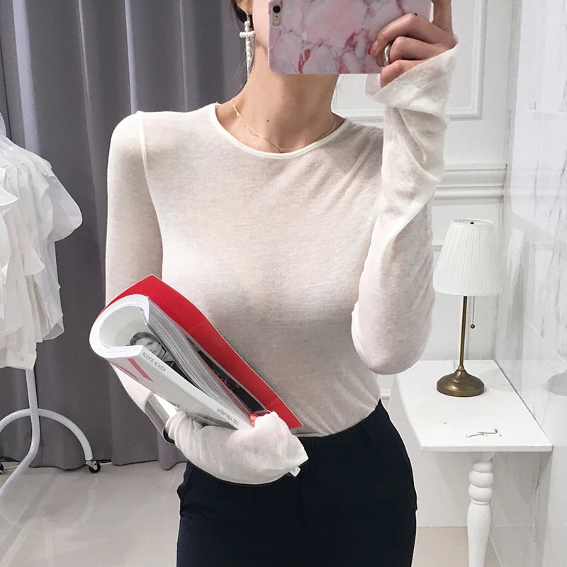 Women T-Shirt Long Sleeve Korean Style Slim Basic Elasticity T-shirts Top Women's Clothing