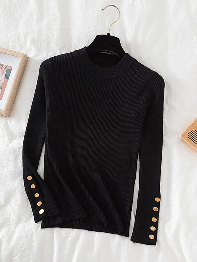 2024 women thick sweater pullovers casual autumn winter button o-neck chic sweater