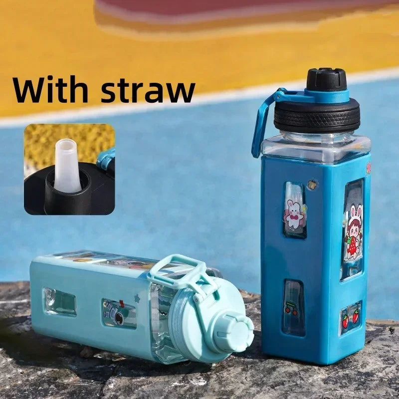 600ml Square Water Bottles Cute Cartoon Pattern Plastic Sports Water Cup with Straw Adult Kids Home Travel Drinkware Tools