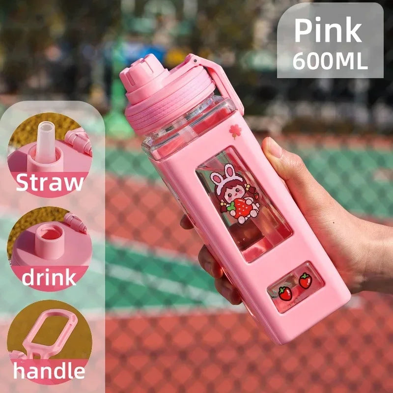 600ml Square Water Bottles Cute Cartoon Pattern Plastic Sports Water Cup with Straw Adult Kids Home Travel Drinkware Tools