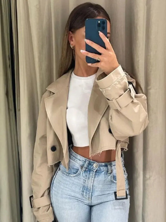 Cropped Trench Spring Jacket Women Vintage Streetwear Double Breasted Long Sleeve Top Female Coat Outfits