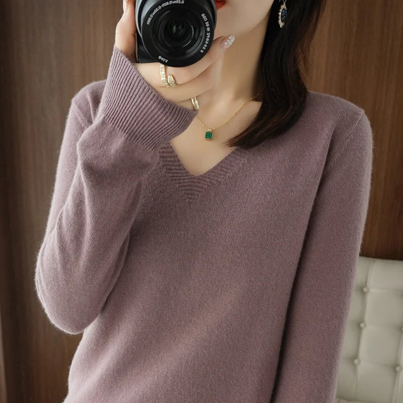 New Cashmere Women's V-neck Pullover Lace Neck Hollow Out Design Casual Knitted Long Sleeve Women's Sweater Autumn And Winter