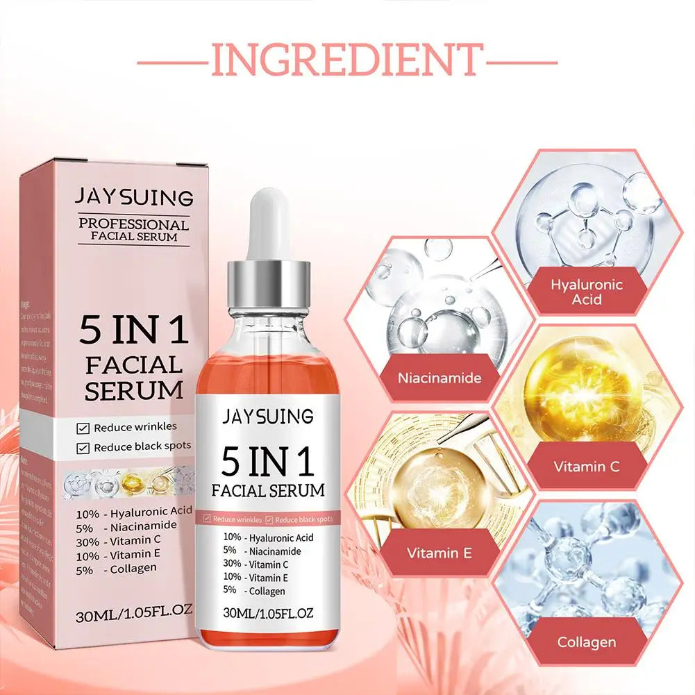 5 In 1 Fade fine lines Firming Face Serum Moisturizing brightening Vitamin C Hyaluronic Acid Facial Serum Shrink Pores Skin Care