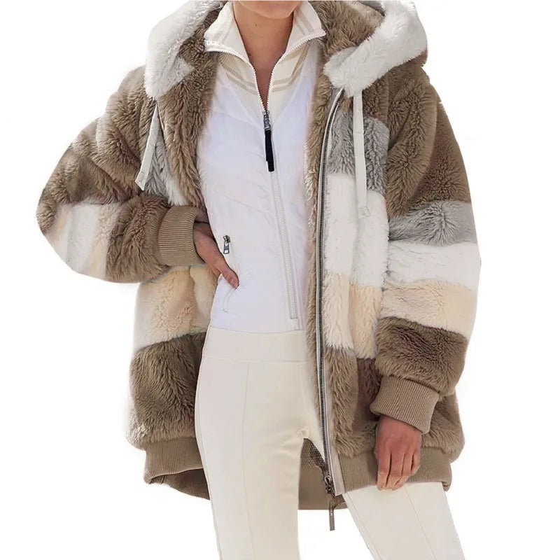 Autumn Winter Warm Plush Pocket Hooded Streetwear Loose Lady Outerwear Coat