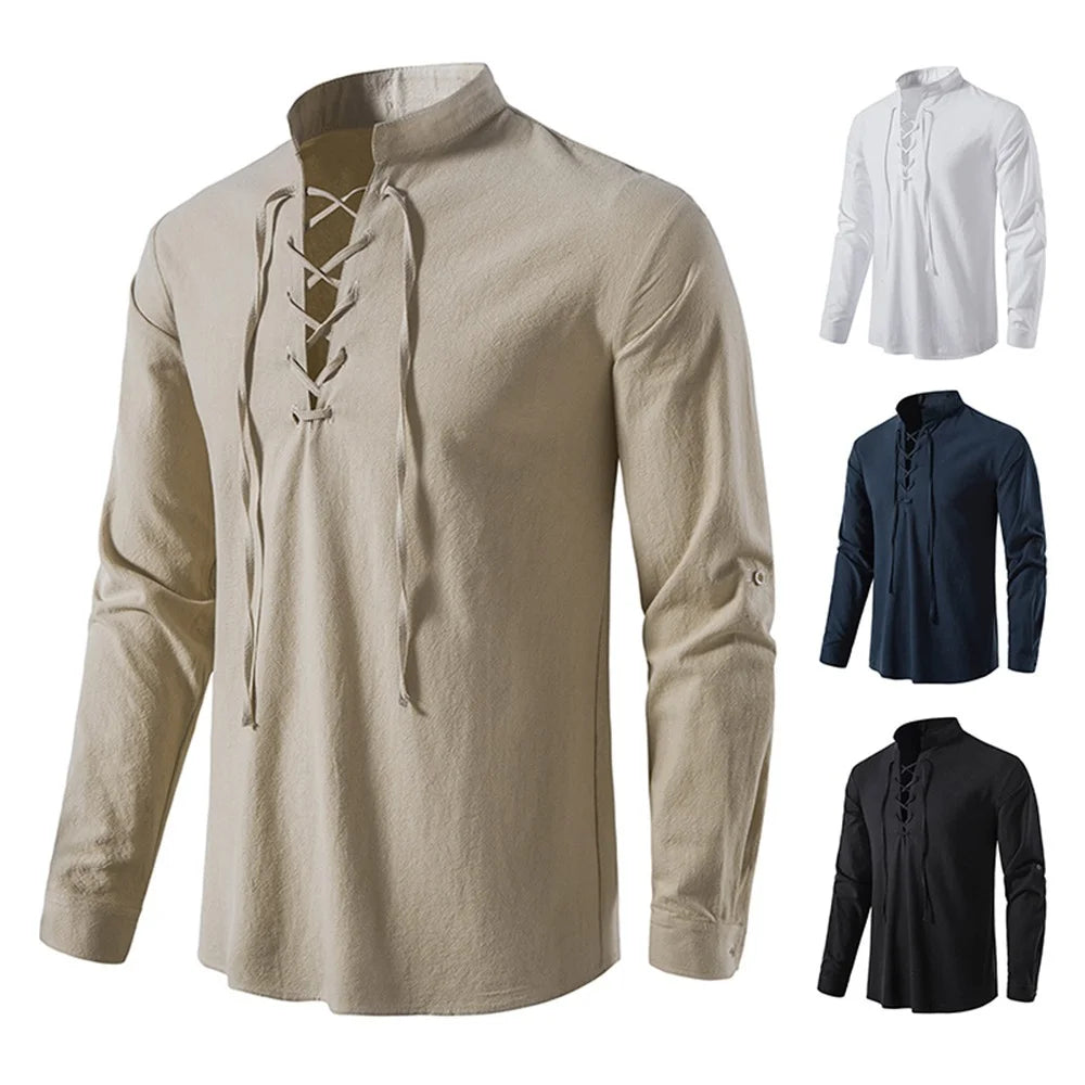 Men's Casual Blouse Cotton Linen Shirt Tops Long Sleeve Tee Shirt