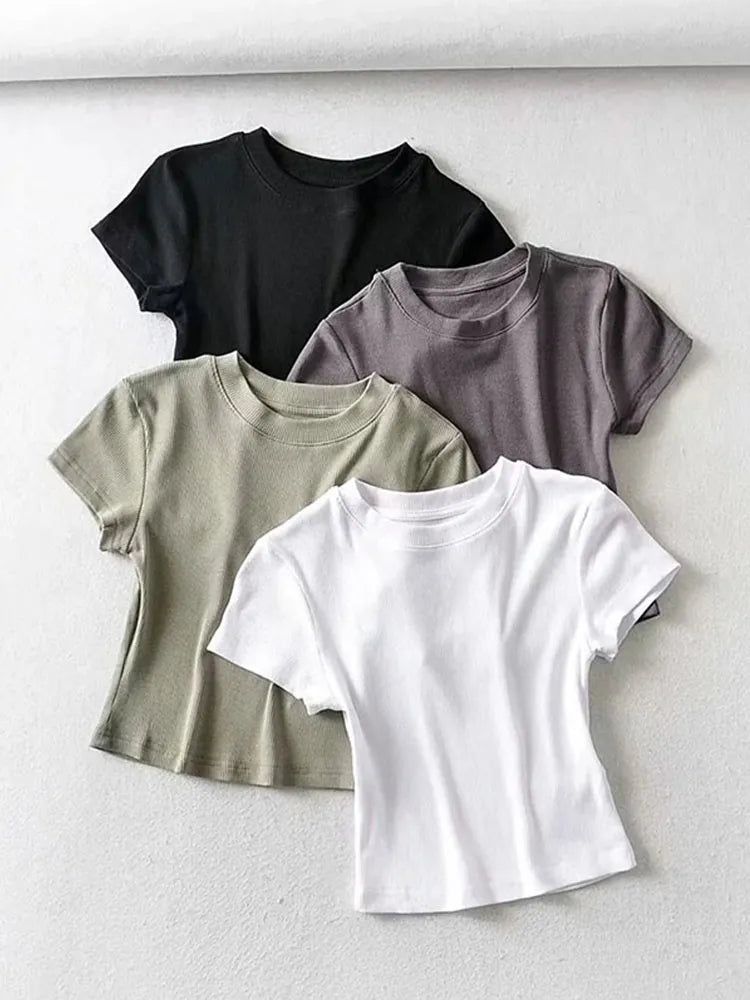 Summer Women O-neck Short-sleeve T-shirt Slim Elastic Skinny Crop Tops