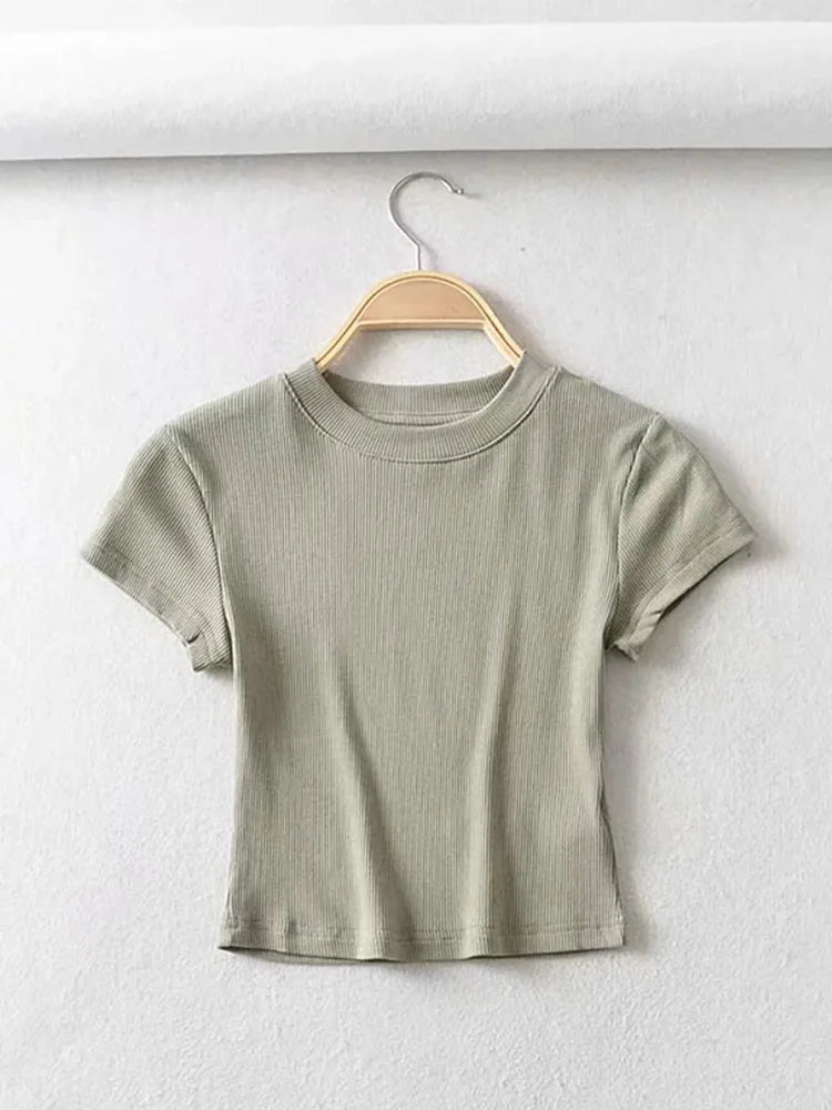 Summer Women O-neck Short-sleeve T-shirt Slim Elastic Skinny Crop Tops