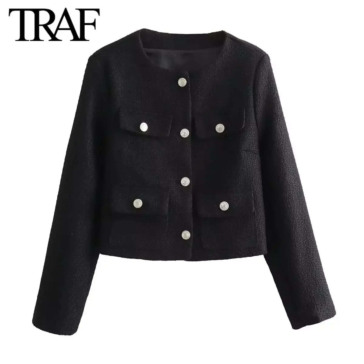 Women Fashion Spring New Flip Pocket Jacket  Single-breasted Crewneck Tweed Short Coats