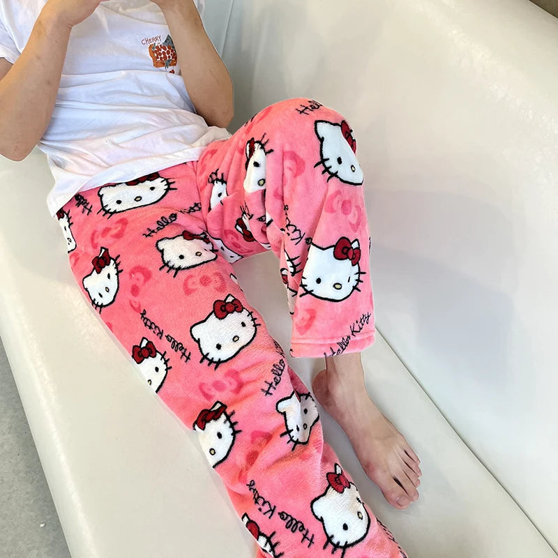 Kitty Pyjamas Black Anime Flannel Women Warm Woollen White cartoon Casual Home Pants Autumn Fashion Trousers Gifts