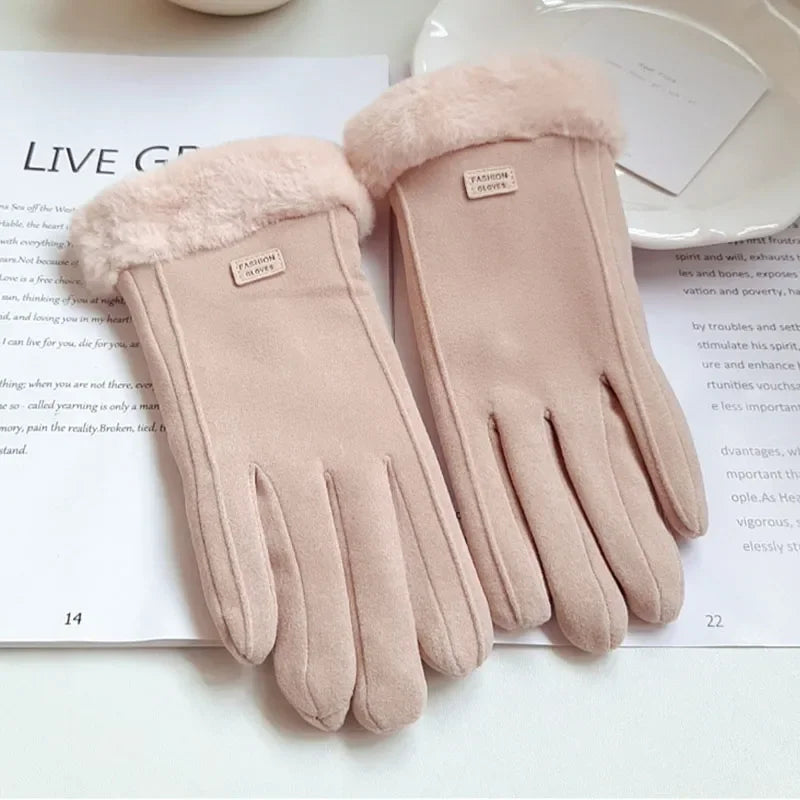 Women Winter Thick Plush Gloves Fashion Warm Suede Outdoor