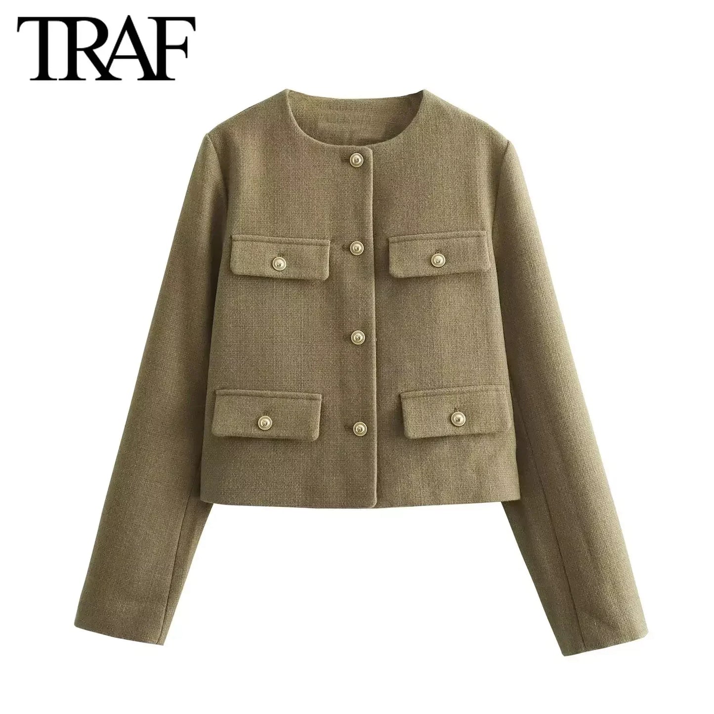 Women Fashion Autumn Winter Single-breasted Textured Round Neck Flip Pocket Short Jacket