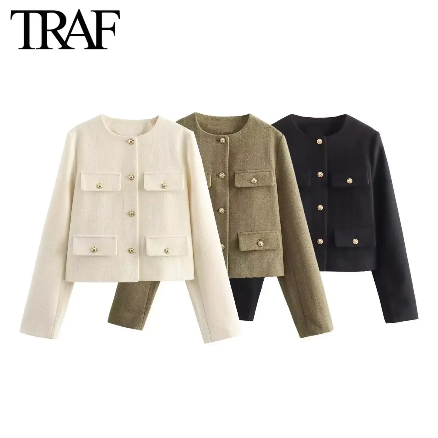 Women Fashion Autumn Winter Single-breasted Textured Round Neck Flip Pocket Short Jacket