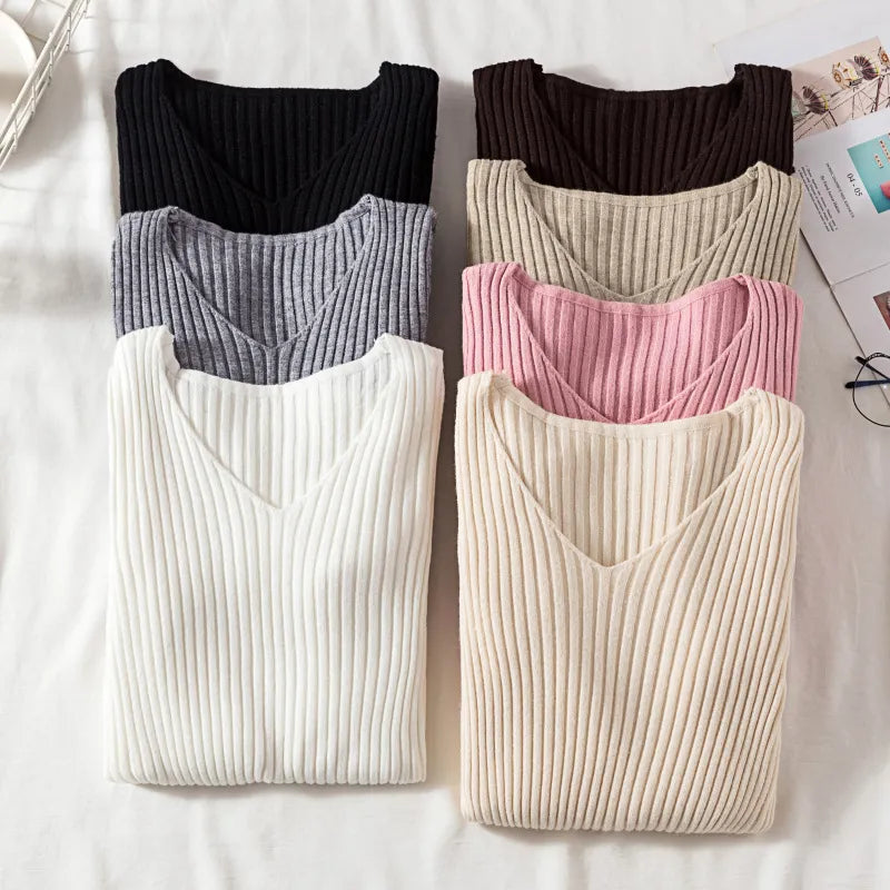 Autumn Winter Women Sweaters Casual Long Sleeve Knitted V Neck Pullover Sweater