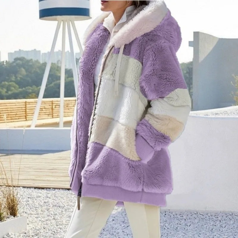 Autumn Winter Warm Plush Pocket Hooded Streetwear Loose Lady Outerwear Coat