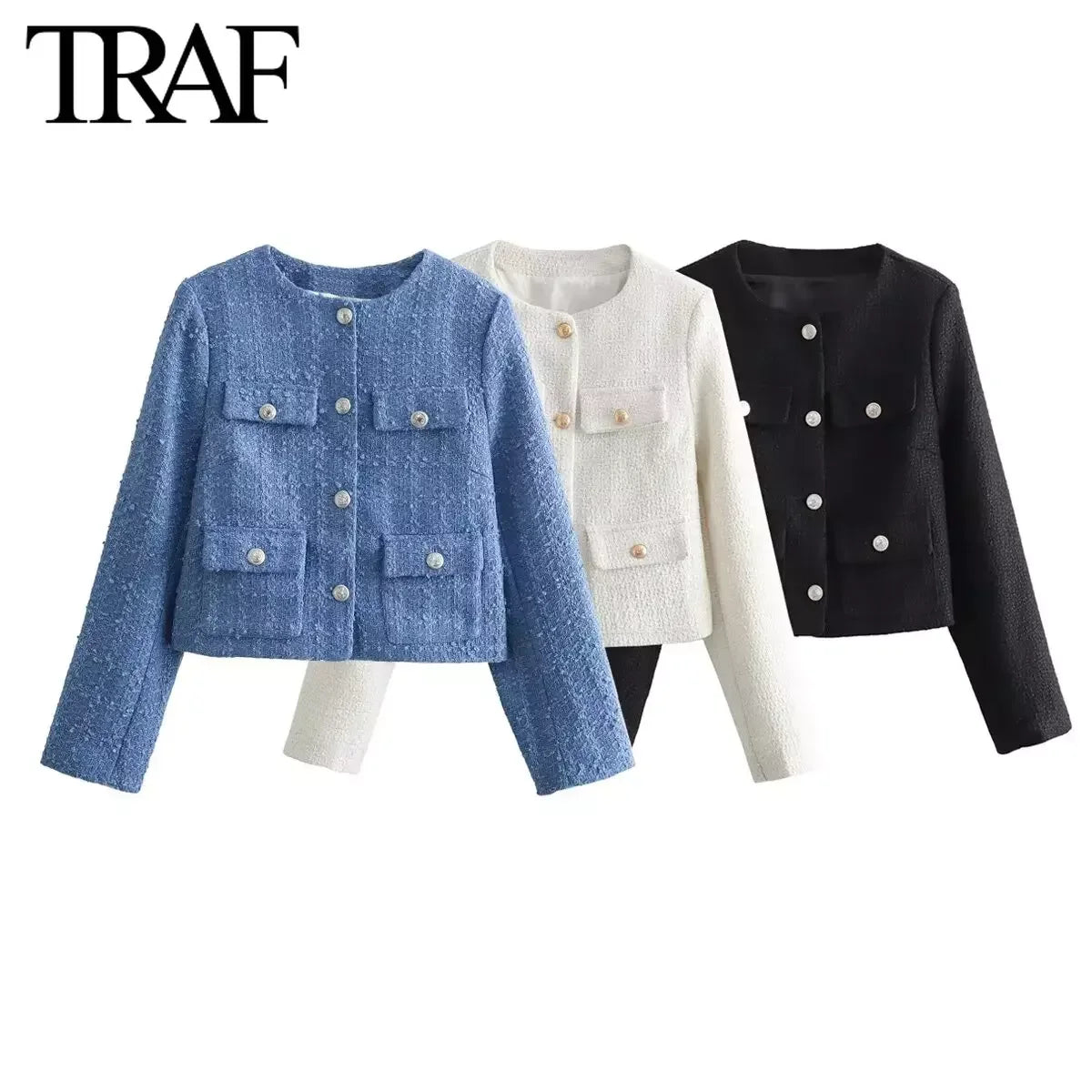 Women Fashion Spring New Flip Pocket Jacket  Single-breasted Crewneck Tweed Short Coats