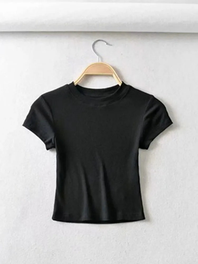 Summer Women O-neck Short-sleeve T-shirt Slim Elastic Skinny Crop Tops