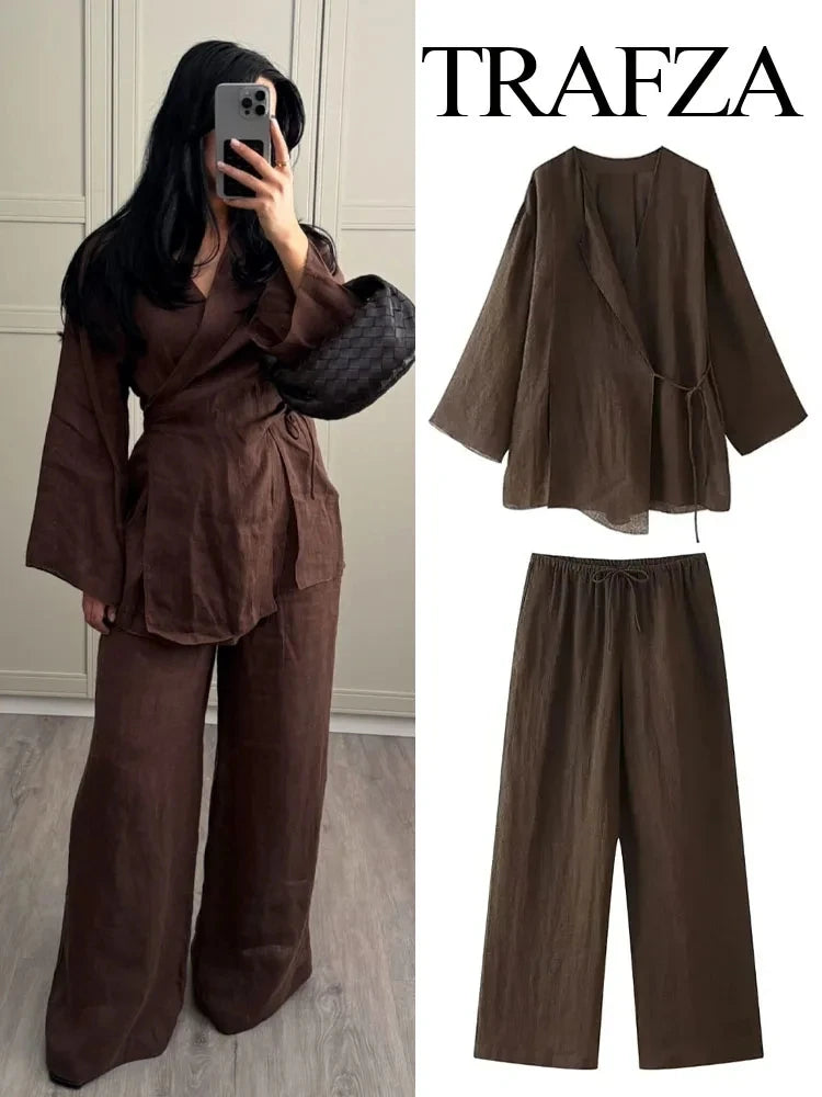 Women's Summer Fashion Linen Solid Colour Shirt Set Belted Cardigan Top + High Waist Women's Pleated Pants 2-piece