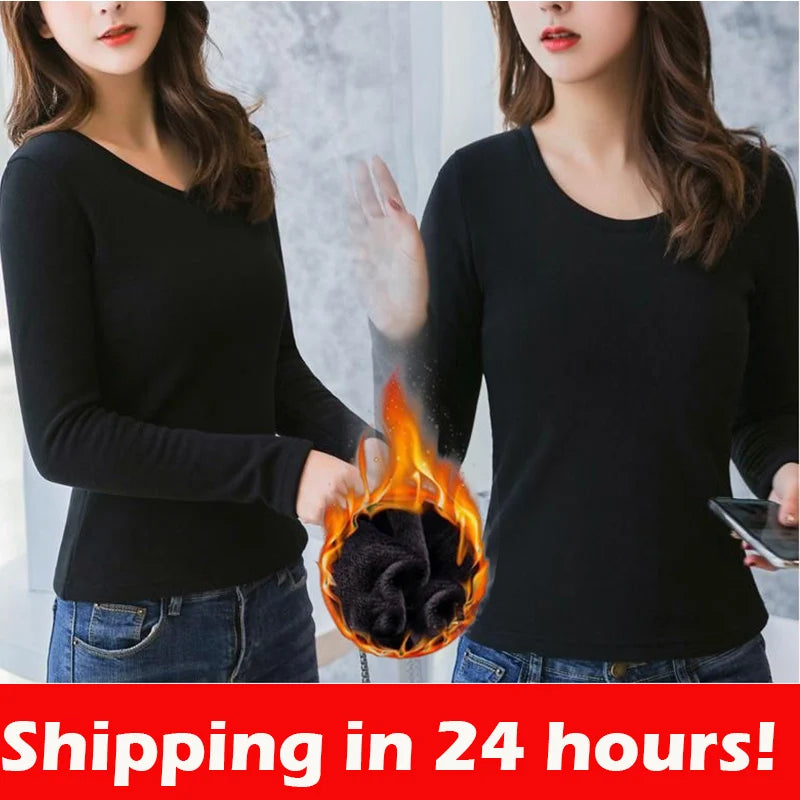 Women Autumn Winter Bottoming Shirt Constant Temperature Plus Velvet Long-sleeved T-shirt Thin