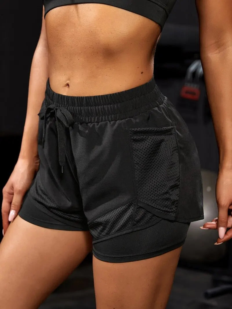 Women's Elastic Sports Shorts, Shorts With Pockets, Two-Piece Yoga Leggings Running And Training