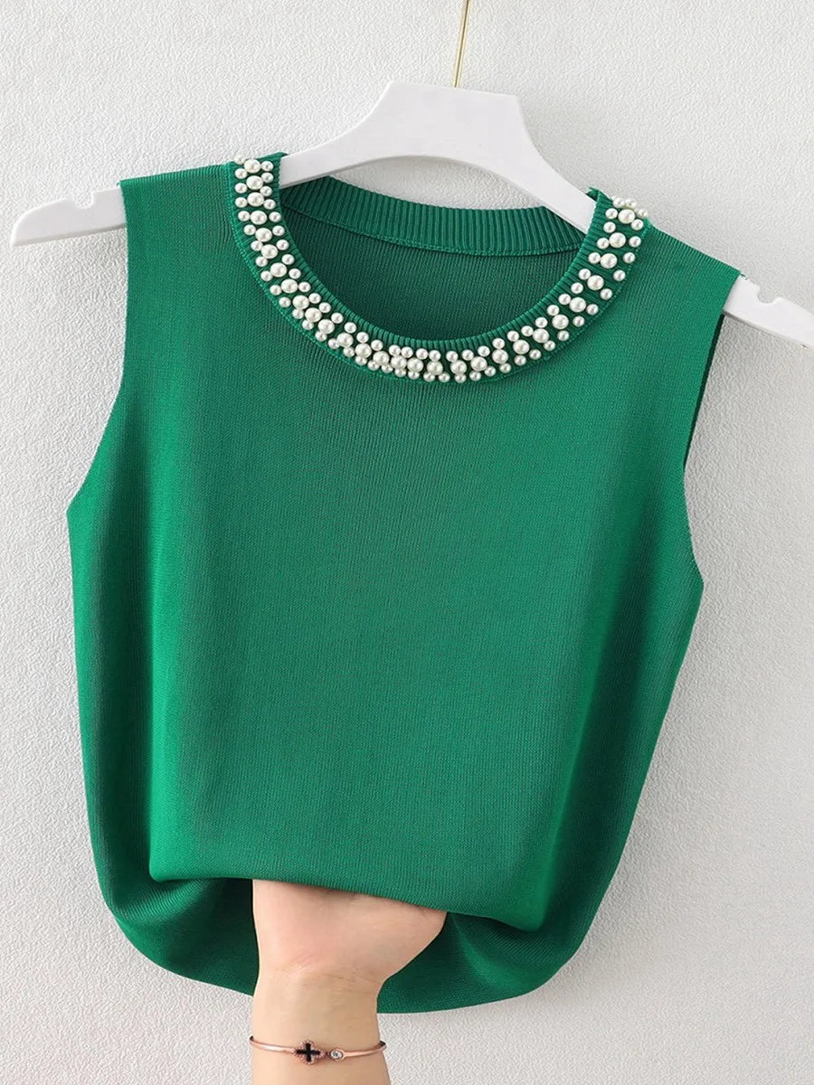 Korea Knitted Vests Women Top Solid Tank New Fashion Female Sleeveless Beading Casual Thin Tops